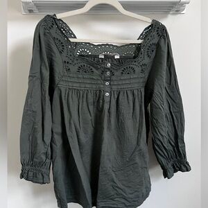 Lauren Conrad Women's Dark Sage Green Lace Trim Top